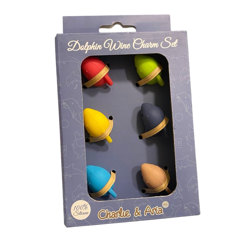 NWT Charlie & Aria Colorful 100% Silicone Dolphin Wine Charm Set of 6 Cocktail